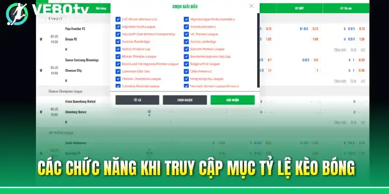 Các chức năng khi truy cập mục tỷ lệ kèo bóng