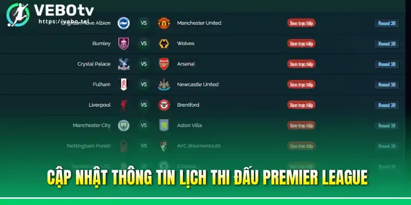 Cập nhật thông tin lịch thi đấu Premier League
